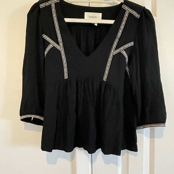 ba&sh bash Paris Embroidered Amber Blouse in Noir Peasant Top - Picture 4 of 7